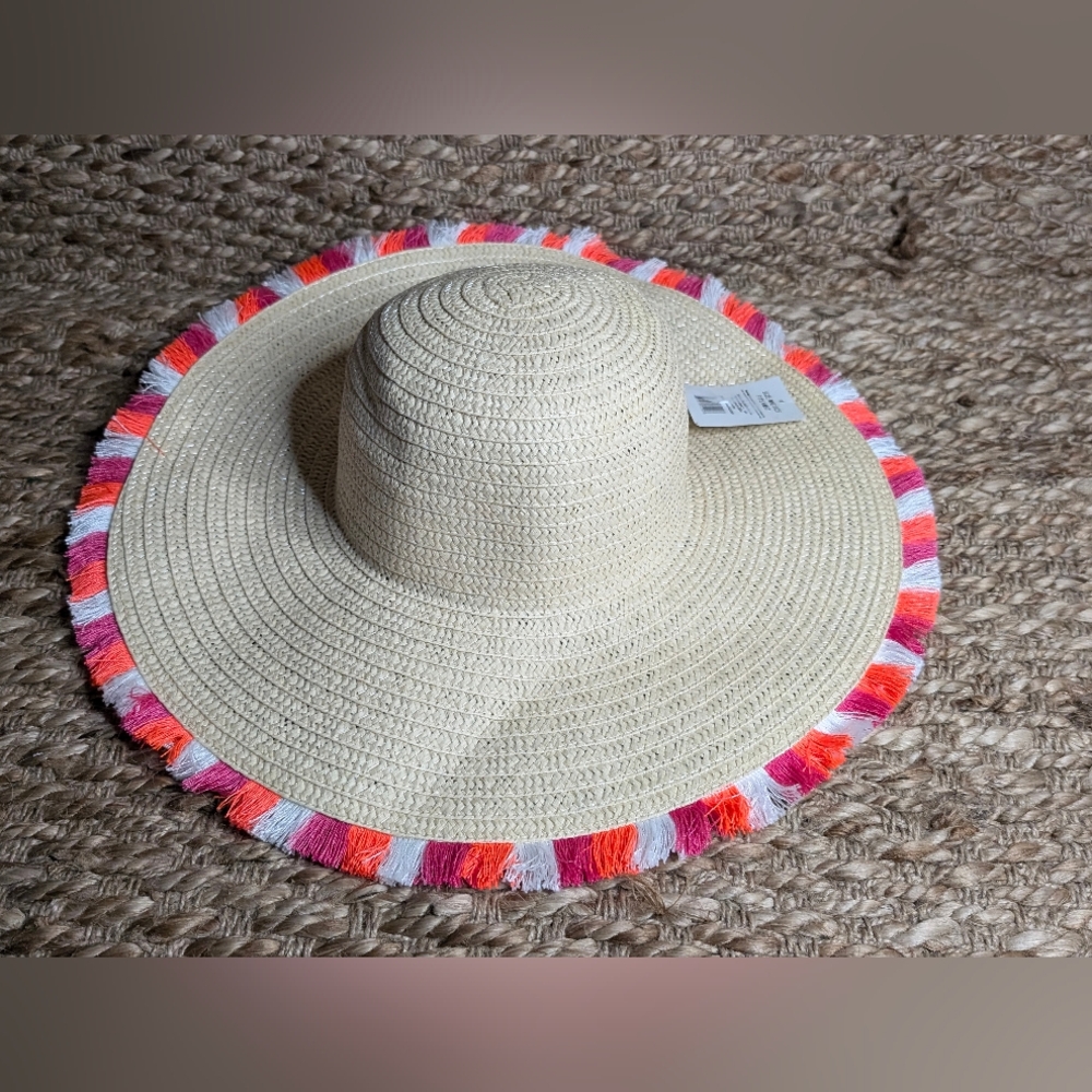 NEW Women's Straw Floppy Hat With Bright Colors. Wide Brim. Derby. Beach. Vacay